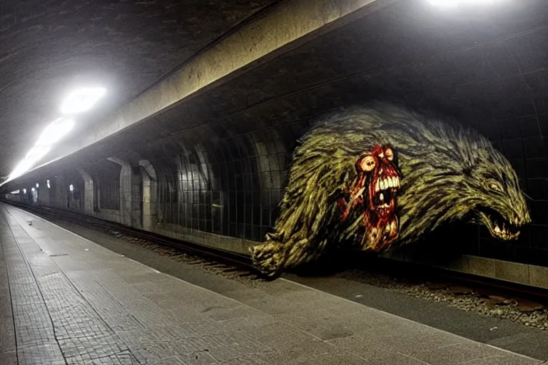 Prompt: very large giant mutant zombie irradiated ( angry rat ) staying on railways in tonnel of moscow subway. subway. giant angry rat, very realistic. extreme long shot, low dark light, anish kapoor, herman nitsch, giger.