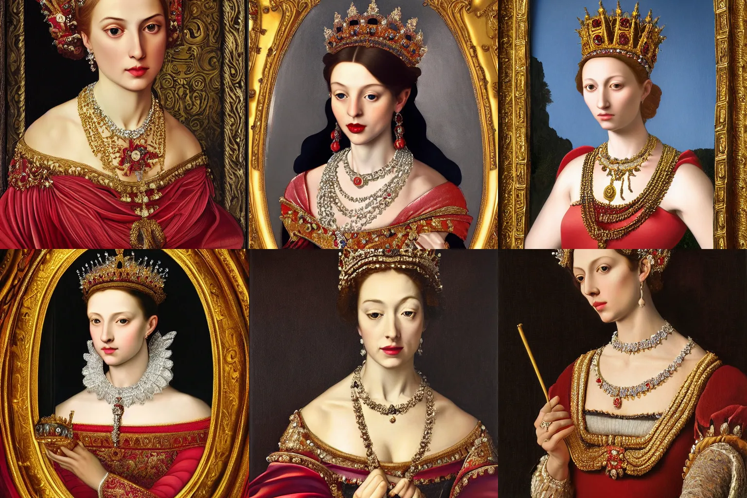 Image similar to A extremely highly detailed majestic hi-res beautiful painting of a beautiful woman wearing a long royal red silk dress, the crown jewels is on her head and she is holding a golden goblet and around her neck is a ornate golden necklace decorated with diamonds and rupees by Michelangelo Merisi da Caravaggio, high detail, hyperrealistic, photorealistic, octante render, cinematic, high textures, hyper sharp, 4k insanely detailed and intricate, hypermaximalist, 8k, hyper realistic, super detailed, 4k HDR hyper realistic high,