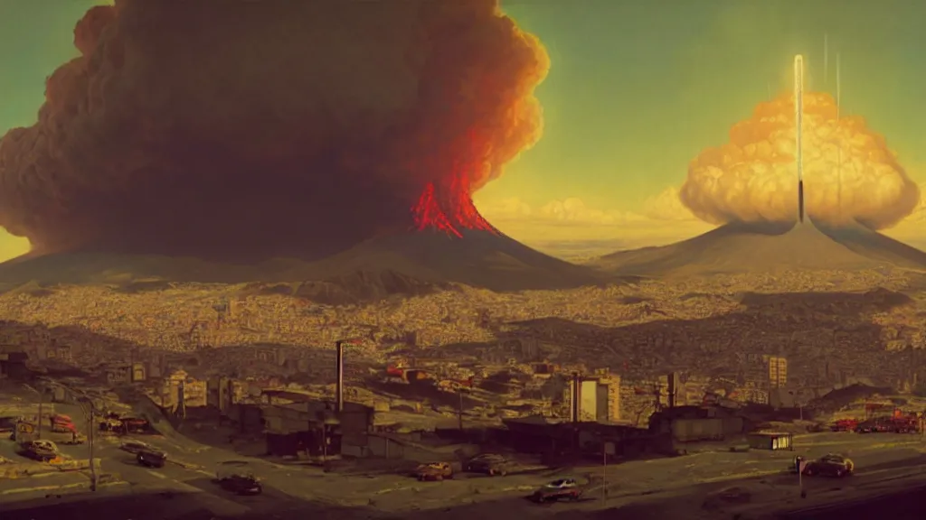 Image similar to Nuclear Fallout towering over the town of Quito by Simon Stålenhag and J.M.W. Turner, oil on canvas; Art Direction by Adam Adamowicz; 4K, 8K epic drone shots; Ultra-Realistic Depth Shading