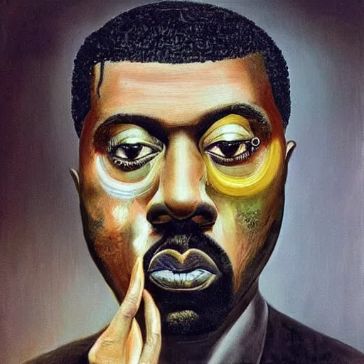 Prompt: very detailed surreal portrait of kanye west as his face melts. painted by salvador dali, 1 9 3 1. oil on canvas.