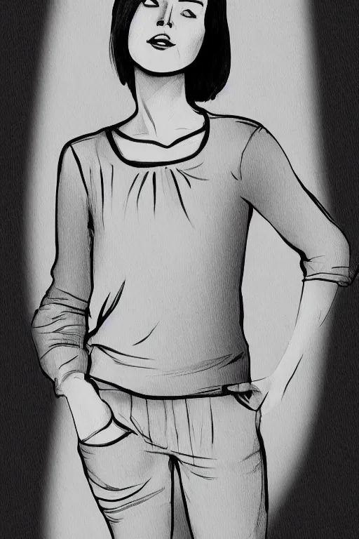 Image similar to portrait of a girl in long pants and a top, hands in pockets, eyes closed, bob haircut, digital art, black and white, lineart