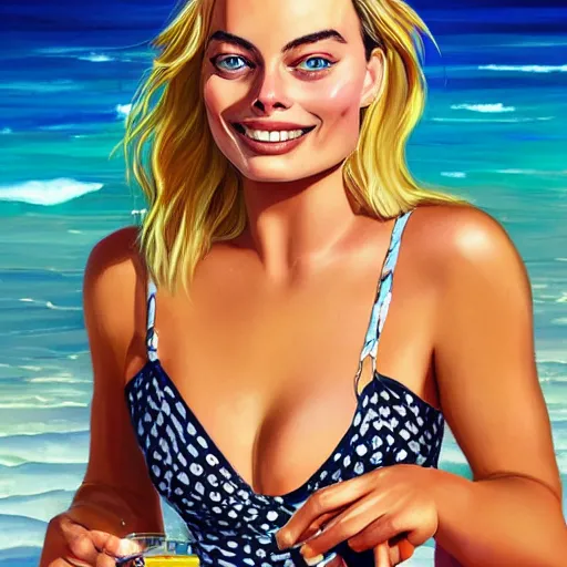 Prompt: a portrait of margot robbie holding a coctail on the beach, beautiful face, highly detailed, digital art