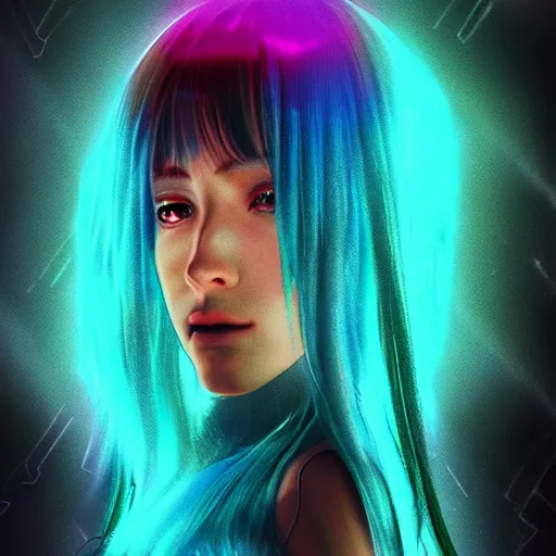 Prompt: Giant hologram of Hatsune miku in blade runner 2049, digital art, anime artwork, artstation, cgsociety