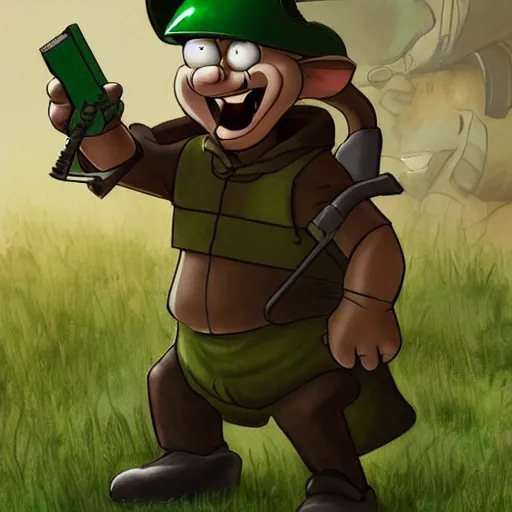 Prompt: Elmer Fudd from Loony Tunes in Doom, wearing green armor and helmet, killing demons, rip and tear, video game, highly detailed, trending on ArtStation