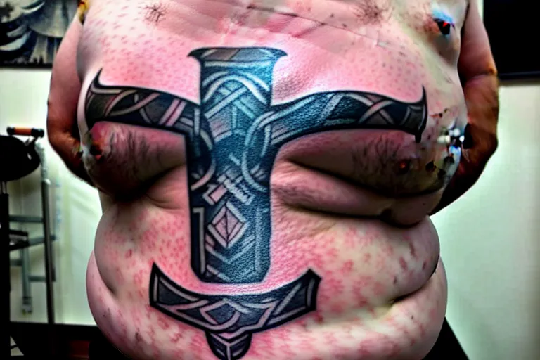 Prompt: ugly amateur tattoo of Mjölnir on a fat man's belly