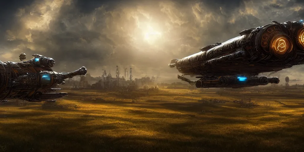 Prompt: steampunk spaceship hovering over fields and small houses, science fiction digital art, award winning, trending on artstation, digital art. highly detailed 8 k. intricate. lifelike. soft light. nikon d 8 5 0.