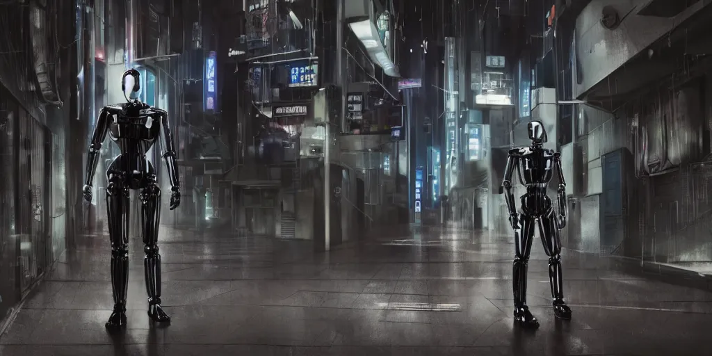 Image similar to a sad dramatic scene of an american person losing faith in life, portrayed by a chrome metal humanoid android wearing futuristic urban japanese clothing with a cold color palette filmed in a solitary alley located in a futuristic cyberpunk city with foggy environment and illuminated by night time lights that create sunshaft everywhere directed by dave villeneuve using an imax movie camera with a cinestill 8 0 0 t film