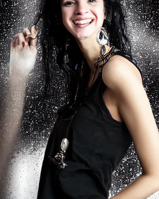 Image similar to a portrait of a beautiful Young female with long disheveled black hair, beautiful and smiling, sweet looks, white skin and reflective eyes, black tank top, black leather shiny jeans, an ankh necklace white colors in the background, by David Lazar and Annie Leibovitz 500px photos, top cinematic lighting , cinematic mood, very detailed, shot in canon 50mm f/1.2