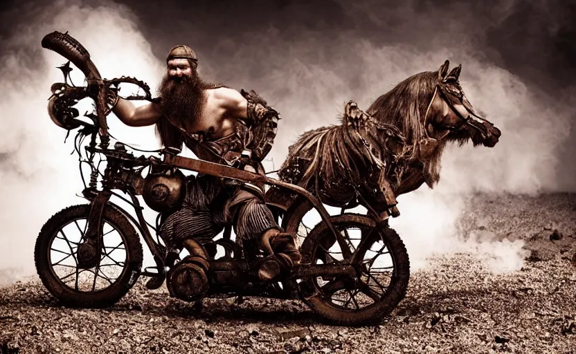 Prompt: old vintage full body photo of ancient viking warrior with full beard riding on the complex steam punk engine with one wheel, extreme sports photography ,super high speed photography, dynamic photography,symmetrical face, clean face, muscular body, high speed,dirt and grawel in air, lens flares, dust partiles in the air, dramatic lighting, intricate, highly detailed, centered, smooth, sharp focus, sports photography, old photo, black and white, sepia, cinematic lighting, cinematic angle, national geographic