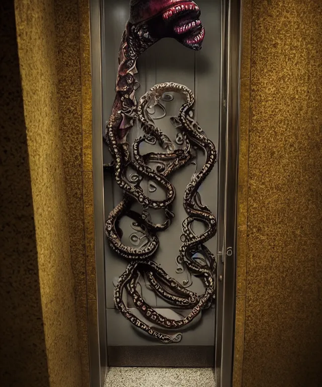 Prompt: horrifying full color photorealistic image an old hotel elevator lobby, elevator doors look like a mouth, with a tentacle - shaped tongue, licking out, dark, atmospheric, brooding, smooth, finely detailed, cinematic, epic, in the style of lee gibbons