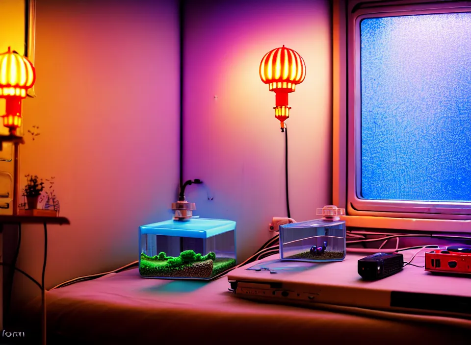 Image similar to telephoto 7 0 mm f / 2. 8 iso 2 0 0 photograph depicting the feeling of chrysalism in a cosy cluttered french sci - fi ( art nouveau ) cyberpunk apartment in a pastel dreamstate art cinema style. ( aquarium, computer screens, window ( city ), leds, lamp, ( ( ( aquarium bed ) ) ) ), ambient light.