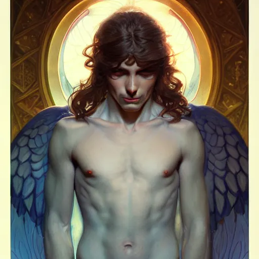 Image similar to Portrait of male fallen angel, D&D, blue eyes, face, fantasy, intricate, elegant, highly detailed, digital painting, artstation, concept art, smooth, sharp focus, illustration, art by artgerm and greg rutkowski and alphonse mucha