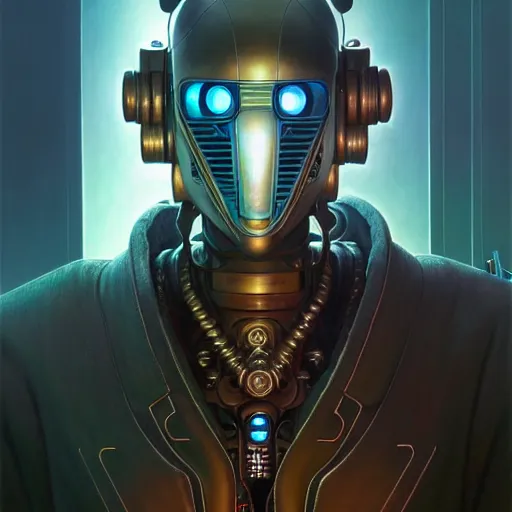 Image similar to low angle shot of a cyberpunk gazmask robot character, intricate, elegant, highly detailed, centered, digital painting, artstation, concept art, smooth, sharp focus, illustration, artgerm, Tomasz Alen Kopera, Peter Mohrbacher, donato giancola, Joseph Christian Leyendecker, WLOP, Boris Vallejo