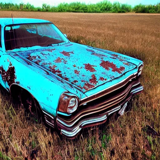 Image similar to A long shot photograph of a rusty, worn out, broken down, decrepit, run down, dingy, faded, chipped paint, tattered, beater 1976 Denim Blue Dodge Aspen in a farm field, photo taken in 1990