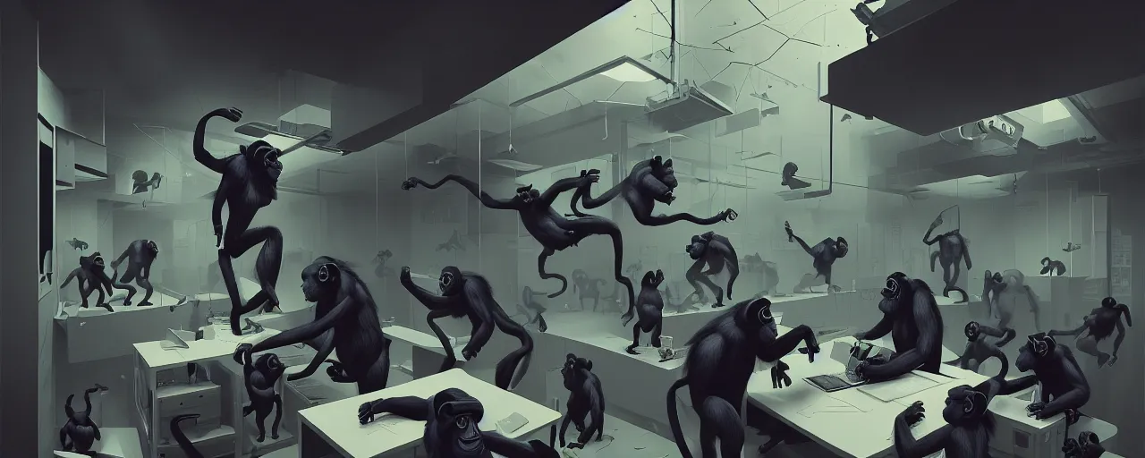 Image similar to duotone noir concept illustration of group wild and crazy chimps ruining inside of modern office computer rooms, octane render, concept hideo kojima surreal atmosphere, volumentric lighting. cosmic horror. accidental renaissance. by sachin teng and sergey kolesov and ruan jia and heng z. graffiti art, scifi, fantasy, hyper detailed. trending on artstation