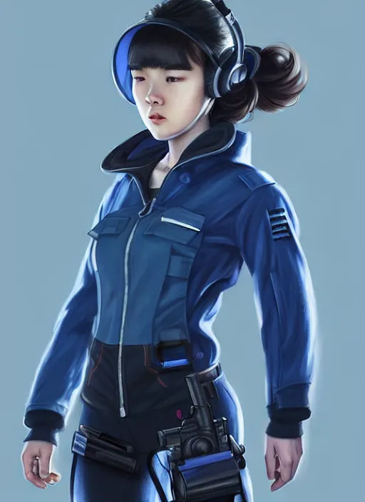 Image similar to full body portrait of a blue techwear uniform girl with guns. detailed face, concept art, digital art, intricate, highly detailed 8 k, smooth, sharp focus, beautiful and aesthetic shape of face and body, artgerm, artstation, art by zexi guo and nira and kafun and gharliera and rinotuna