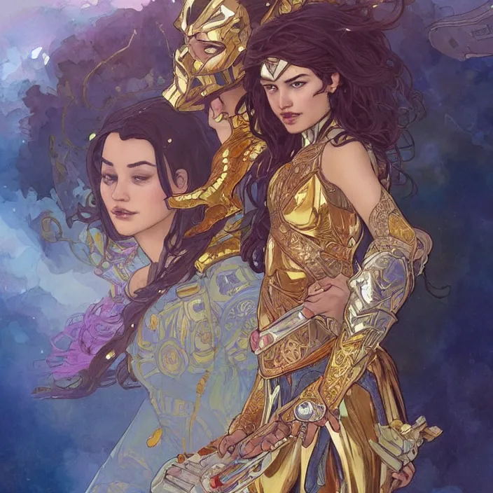 Prompt: gatot kaca as super heroes, closed up portrait,, highly detailed, gold filigree, romantic storybook fantasy, soft cinematic lighting, award, disney concept art watercolor illustration by mandy jurgens and alphonse mucha and alena aenami, pastel color palette, featured on artstation