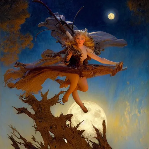 Image similar to witch flying, trough the night, fantasy, full moon in background. highly detailed painting by gaston bussiere, craig mullins, j. c. leyendecker 8 k