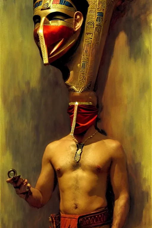 Prompt: magician, wearing mask, character design, ancient egypt, colorful, painting by gaston bussiere, craig mullins, j. c. leyendecker, tom of finland