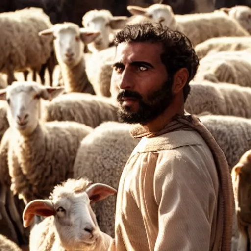 Image similar to cinematic Still of 30 year old Mediterranean skinned man in ancient Canaanite shepherd clothing, shepherding a flock of sheep, in a Biblical epic