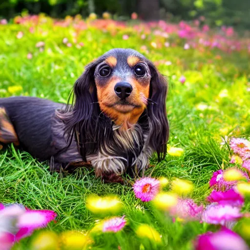 Prompt: long haired dachshund shi tzu mix with cataracts in both eyes, laying on a bed of multi-color flowers and grass in a beautiful forest, golden hour, stunning, Impressionist