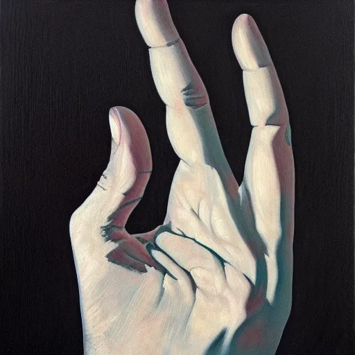 Image similar to white giant hand in a black void, painting by by ralph grady james, jean christian biville