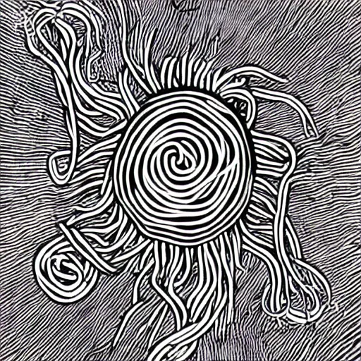 Image similar to flying spaghetti monster, by alex gray, touched by his noodly appendage