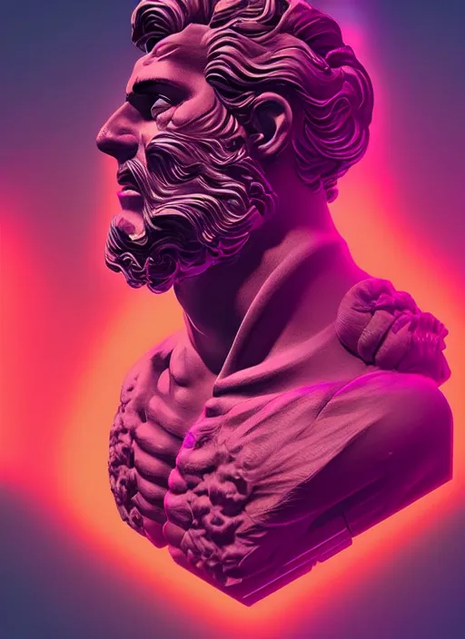 Image similar to bust of hercules, beeple, android jones, vaporwave, retrowave, black background, neon wiring, black, glitch, strong contrast, cuts, pinterest, trending on artstation