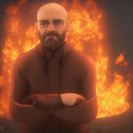 Image similar to an artstation trending portrait painting of a bald english man standing in front of a building on fire, octane render