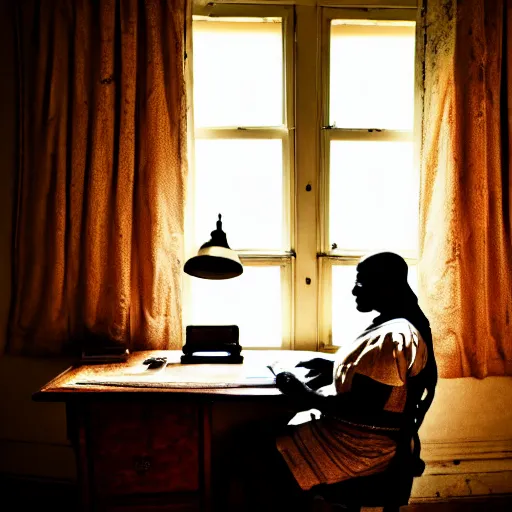 Image similar to Portrait of a mummy sitting at a very old desk, with very old curtains in the room. The desk has a very old phone on it. Dusty air