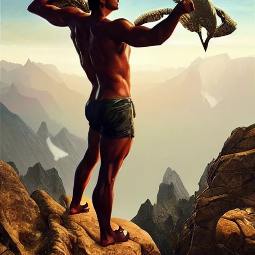 Image similar to ultra realistic illustration, a very tall and muscular gigachad bongbong marcos flexing on top of a mountain, intricate, elegant, highly detailed, digital painting, artstation, concept art, smooth, sharp focus, illustration, art by artgerm and greg rutkowski and alphonse mucha