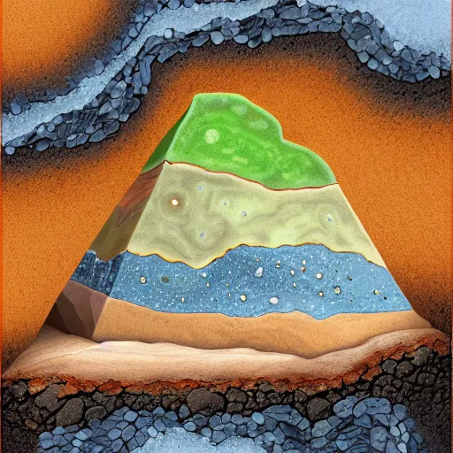 Prompt: a side profile of earth soil and rock layers, with hidden bones, gems and treasures, alien artefacts, digital painting