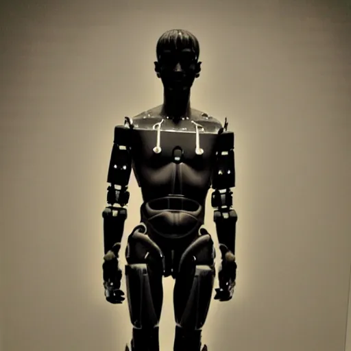 Prompt: a realistic detailed photo of a guy who is an attractive humanoid who is half robot and half humanoid, who is a male android, twitch streamer g, shiny skin, posing like a statue, blank stare, at the museum, on display