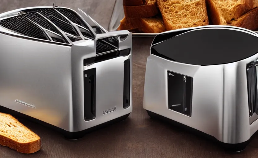 Prompt: a lamborghini brand toaster, sliced bread in slots, professional product shot