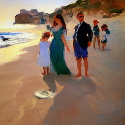 Prompt: a beautiful painting of of a woman in the beach with her family by sorolla. masterpiece, artstation