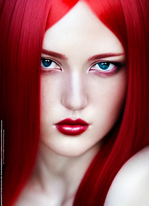 Prompt: photo of gorgeous woman with her right die hair dyed red and left side hair white in the style of stefan kostic, realistic, half body shot, sharp focus, 8 k high definition, insanely detailed, intricate, elegant, art by stanley lau and artgerm, foggy backgeound