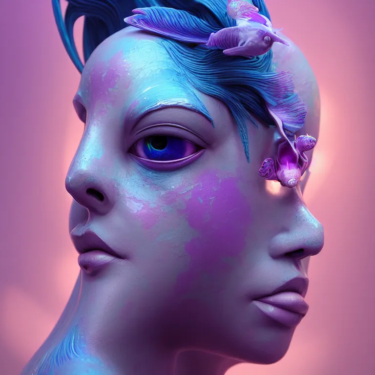 Image similar to goddess full painted acryllic sculpture close-up portrait. orchid bird betta fish, intricate artwork by Tooth Wu and wlop and beeple. octane render, trending on artstation, greg rutkowski very coherent symmetrical artwork. cinematic, hyper realism, high detail, octane render, 8k