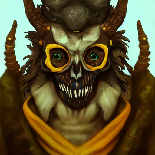 Prompt: portrait of the monster with the dear skull mask, wearing the robes, photography, highly detailed, crows eyes, gloom yellow-brown lights, 8k, artstation