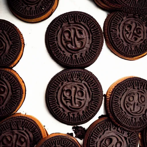 Image similar to an oreo with the imprint of the devils face on the chocolate cookie, photography, cinematic