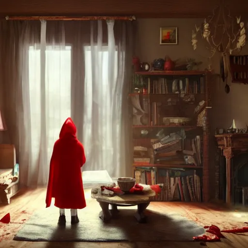 Image similar to big bad wolf and red riding hood talking in grandma’s living room, 3d scene, render, ultra realistic, zenith view, Greg Rutkowski, artstation, cgsociety, unreal engine, 3d scene, render, ultra realistic