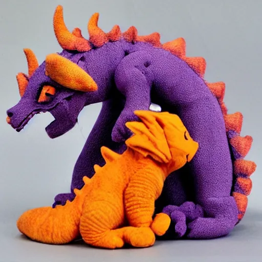 Image similar to purple dragon snuggling orange tabby cat, orange tabby hugging tiny dragon