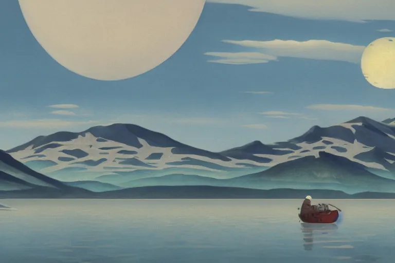 Prompt: a giant floating sphere covered in canadian aboriginal patterns hovering above a Yukon lake, painted by Ralph McQuarrie, matte painting