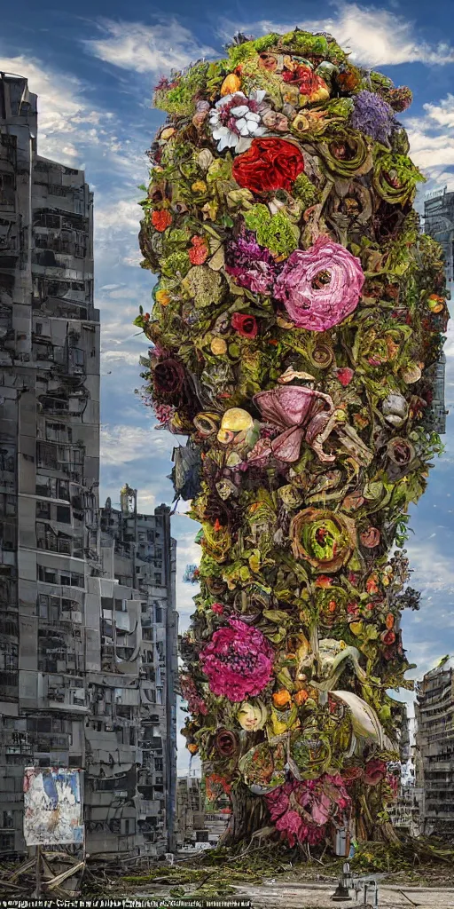 Prompt: giant grotesque flower in the middle of abandoned alien cityscape, ultradetailed by Giuseppe Arcimboldo and Josan Gonzalez