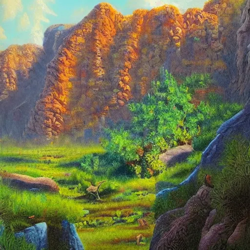 Prompt: painting of a lush natural scene on an alien planet by igor grabar. beautiful landscape. weird vegetation. cliffs and water.