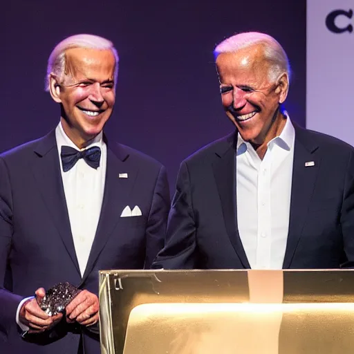 Prompt: UHD candid photo of Joe Biden holding up a big quartz crystal with Hunter Biden holding a torch, UHD, photorealistic, correct face, photo by Annie Leibowitz