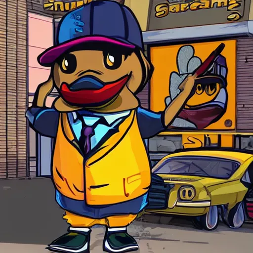 Image similar to An anthropomorphic duck as a GTA character, GTA artwork midshot, by Rockstar Games