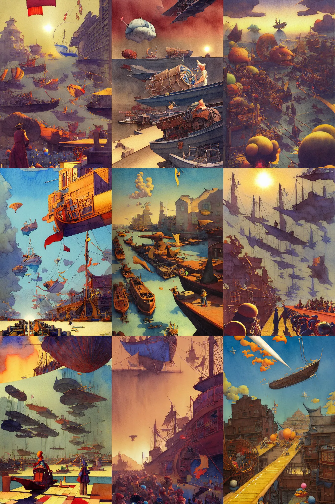 Prompt: dixit card, vanishing point, docks, airships, banners, parade, skypirate, porko rosso, foreground watcher, intricate, amazing composition, colorful watercolor, by ruan jia, by maxfield parrish, by shaun tan, by nc wyeth, by michael whelan, by escher, illustration, volumetric, bloom, sun puddle