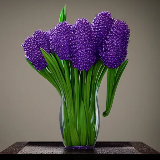 Prompt: a stunning render of a vase of hyacinths, octane, blender, houdini, 8 k, incredibly detailed