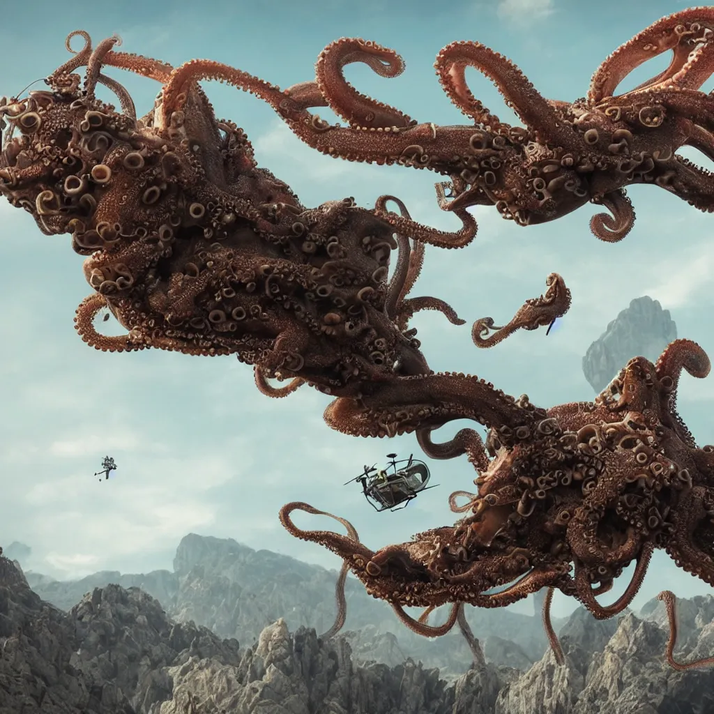 Prompt: organic octopus helicopter flying over a mountainous alien landscape, dramatic sci-fi movie still