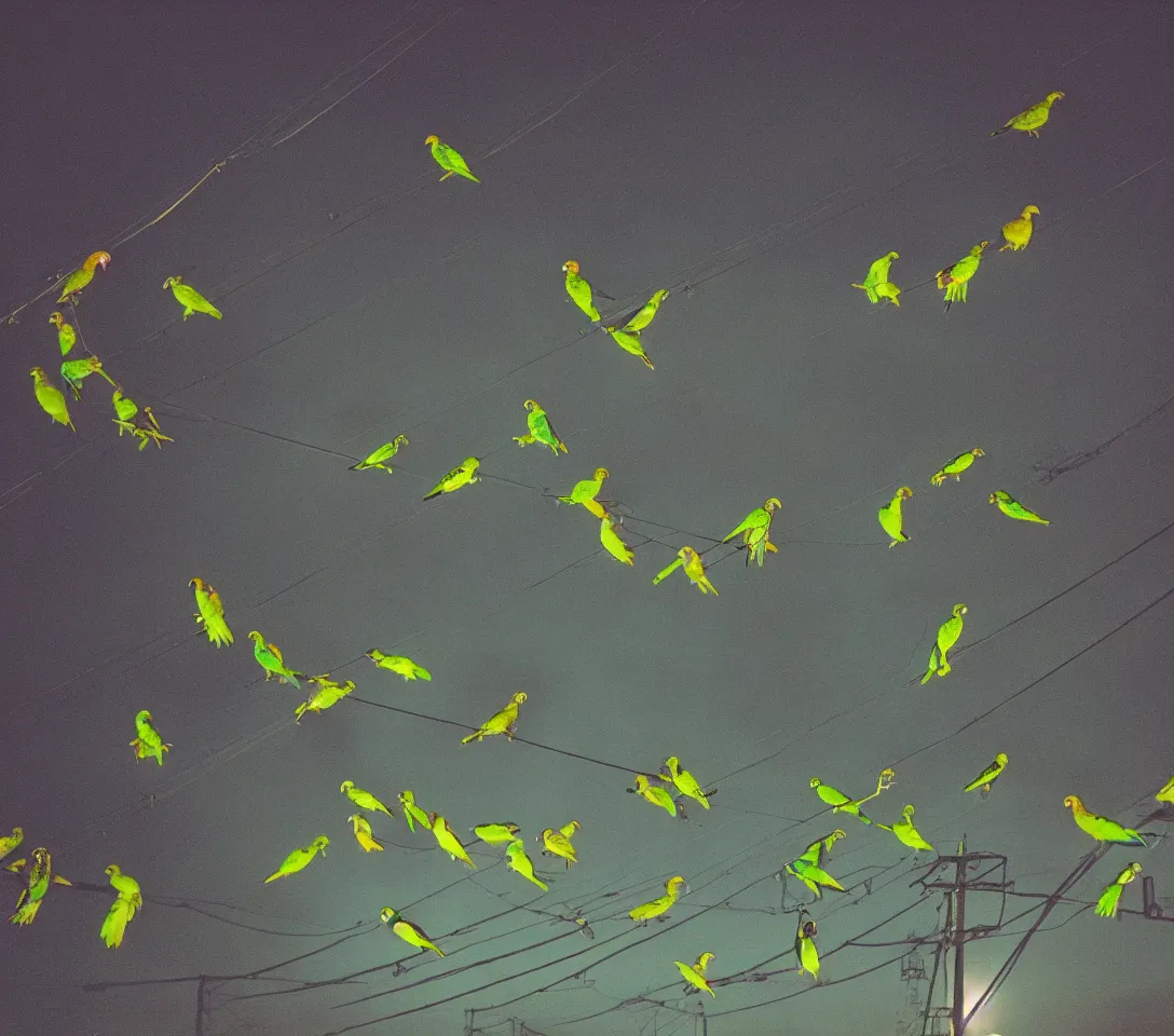 Image similar to a 3 5 mm photography at night, camera with strong flash on, of a lot of green parrots on the power lines